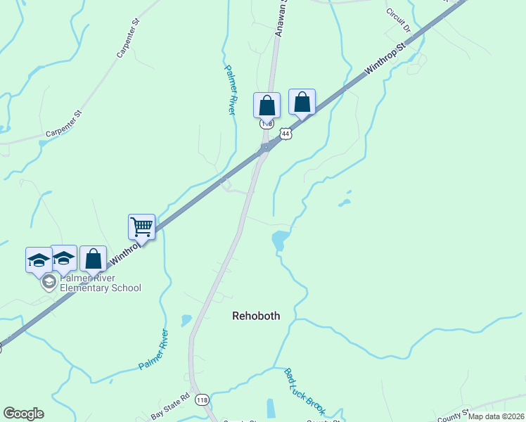 map of restaurants, bars, coffee shops, grocery stores, and more near 22 Massachusetts 118 in Rehoboth