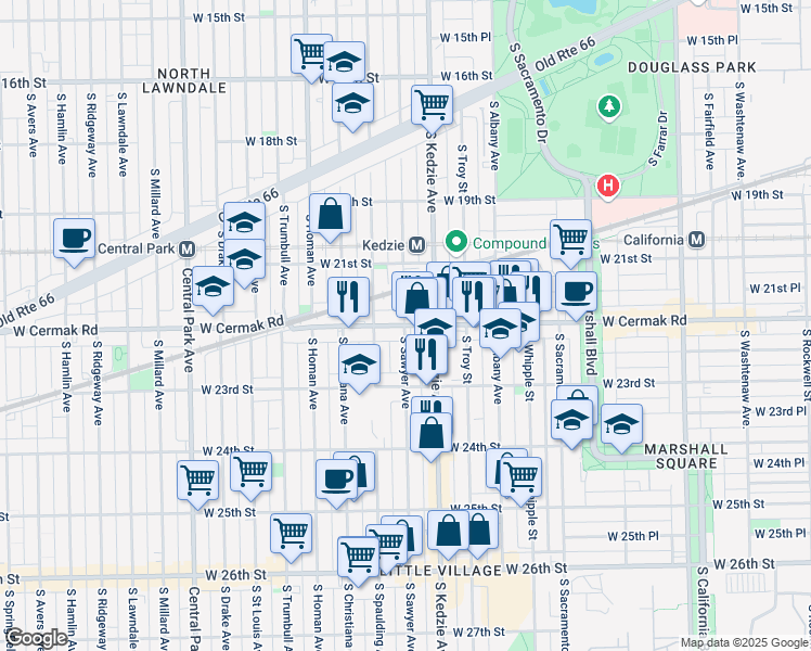 map of restaurants, bars, coffee shops, grocery stores, and more near West Cermak Road & South Sawyer Avenue in Chicago