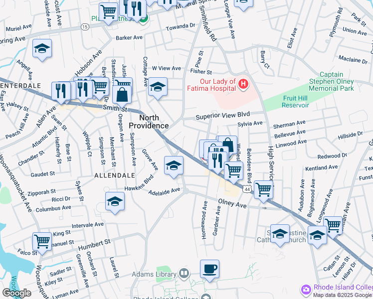 map of restaurants, bars, coffee shops, grocery stores, and more near 1 Kristen Drive in North Providence