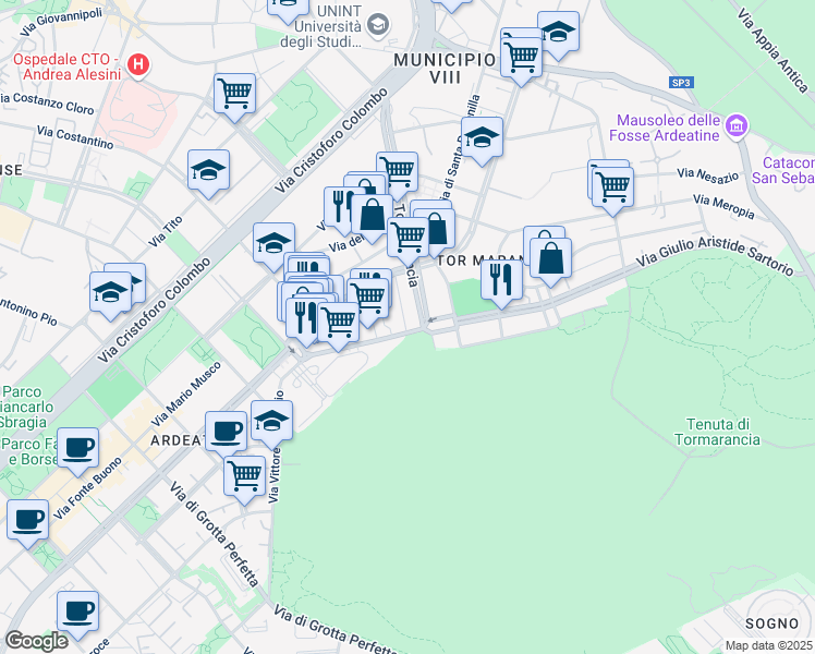 map of restaurants, bars, coffee shops, grocery stores, and more near 131 Viale del Caravaggio in Rome