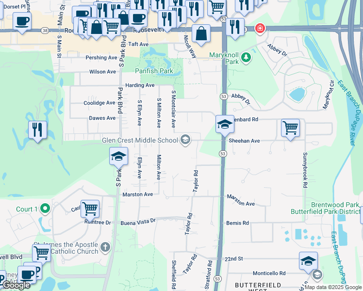 map of restaurants, bars, coffee shops, grocery stores, and more near 725 Sheehan Avenue in Glen Ellyn