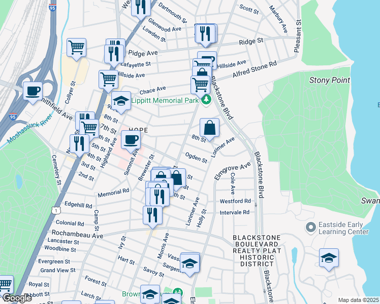 map of restaurants, bars, coffee shops, grocery stores, and more near 28 Ogden Street in Providence
