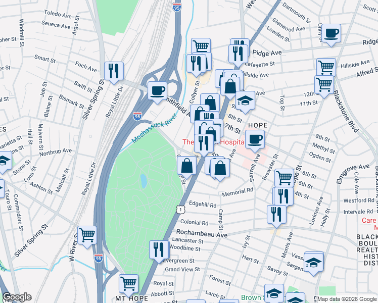 map of restaurants, bars, coffee shops, grocery stores, and more near 1140 North Main Street in Providence