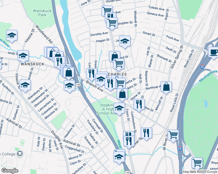 map of restaurants, bars, coffee shops, grocery stores, and more near 2 Russo Street in Providence