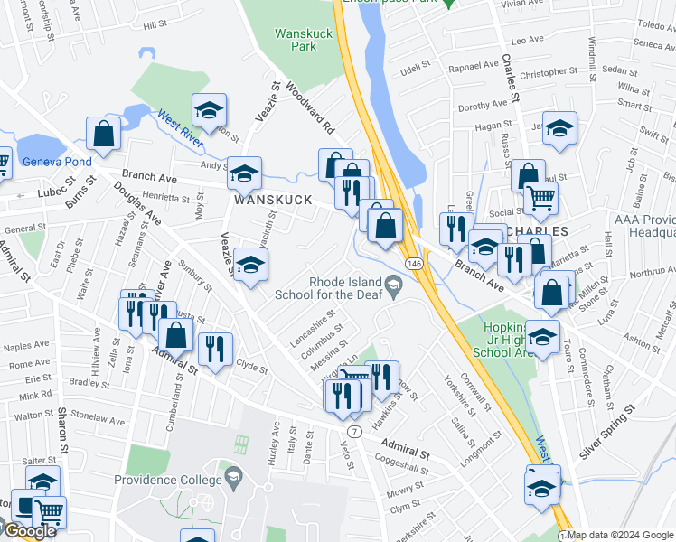 map of restaurants, bars, coffee shops, grocery stores, and more near 106 Sherwood Street in Providence
