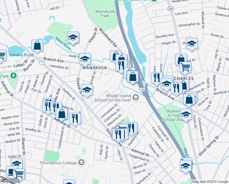 map of restaurants, bars, coffee shops, grocery stores, and more near 106 Sherwood Street in Providence