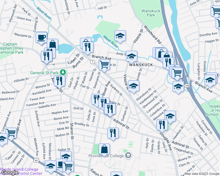 map of restaurants, bars, coffee shops, grocery stores, and more near 88 Gloucester Street in Providence