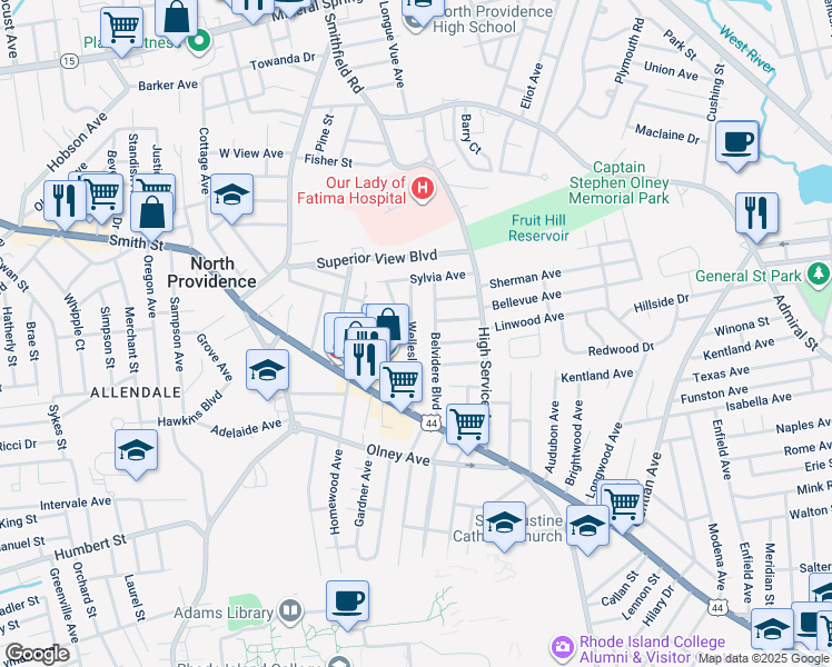 map of restaurants, bars, coffee shops, grocery stores, and more near 51 Wellesley Avenue in North Providence
