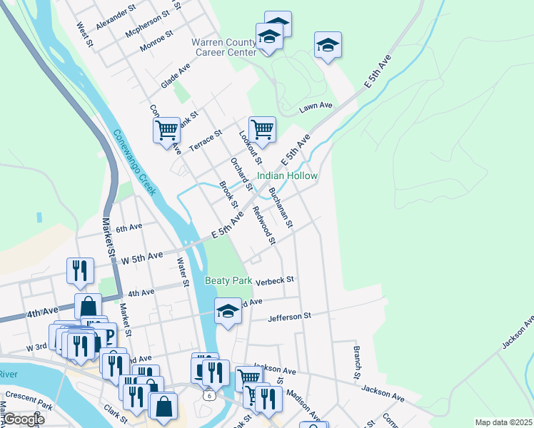 map of restaurants, bars, coffee shops, grocery stores, and more near 116 Redwood Street in Warren