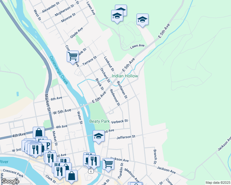 map of restaurants, bars, coffee shops, grocery stores, and more near 116 Redwood Street in Warren