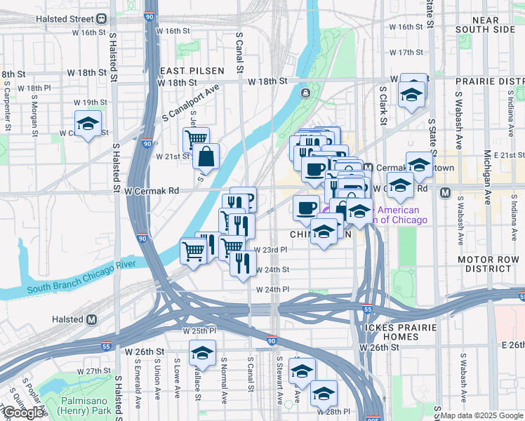 map of restaurants, bars, coffee shops, grocery stores, and more near 2253 South Archer Avenue in Chicago