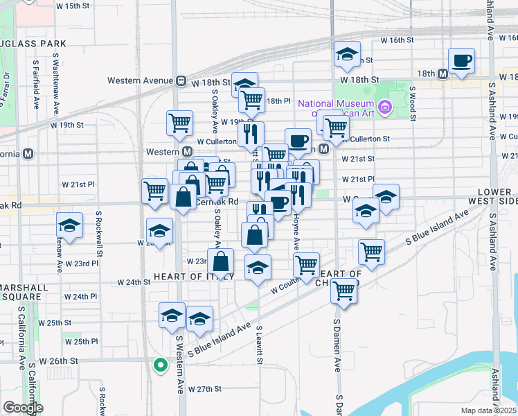 map of restaurants, bars, coffee shops, grocery stores, and more near 2218 South Leavitt Street in Chicago