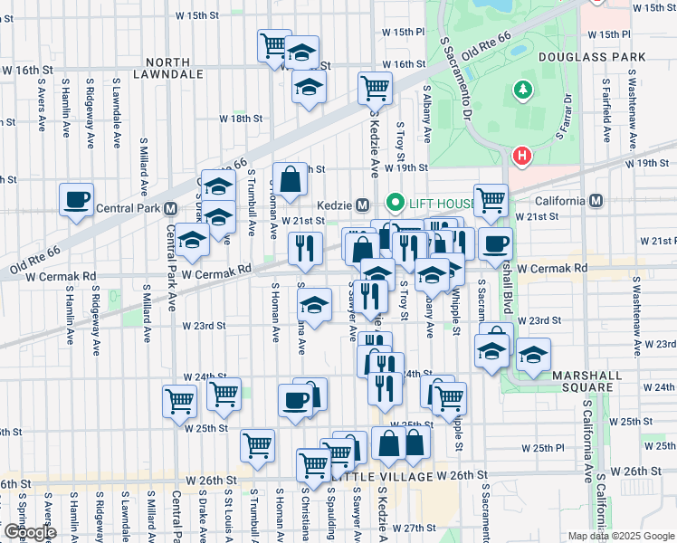 map of restaurants, bars, coffee shops, grocery stores, and more near in Chicago
