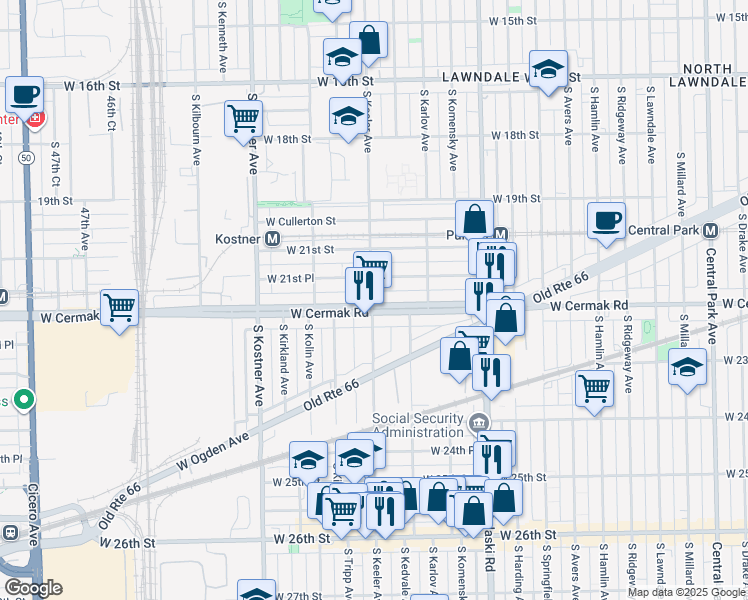map of restaurants, bars, coffee shops, grocery stores, and more near 4141 West Cermak Road in Chicago