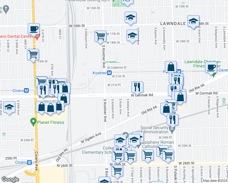 map of restaurants, bars, coffee shops, grocery stores, and more near 4336 West Cermak Road in Chicago