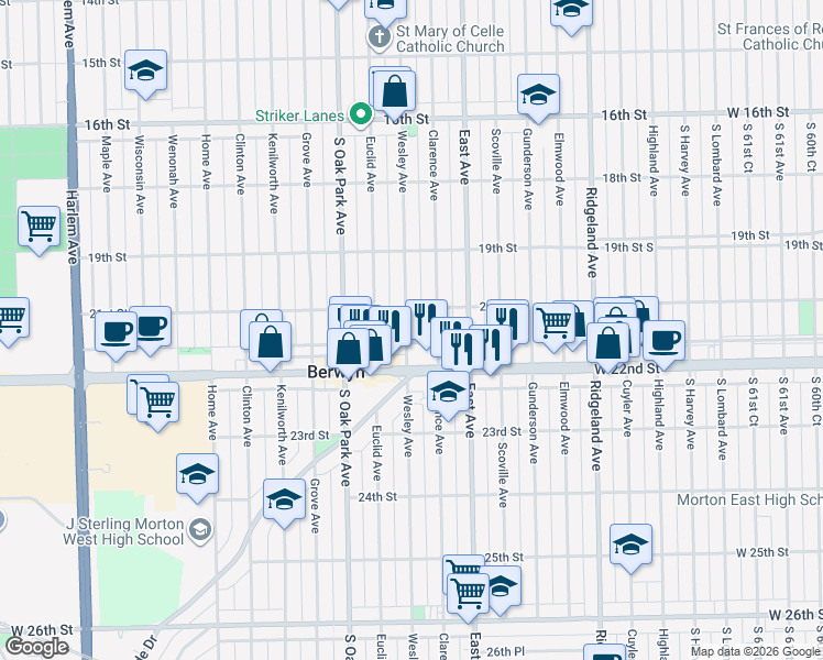 map of restaurants, bars, coffee shops, grocery stores, and more near 2125 Wesley Avenue in Berwyn