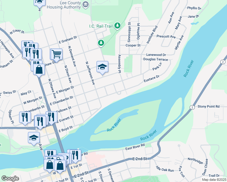 map of restaurants, bars, coffee shops, grocery stores, and more near 711 East Fellows Street in Dixon