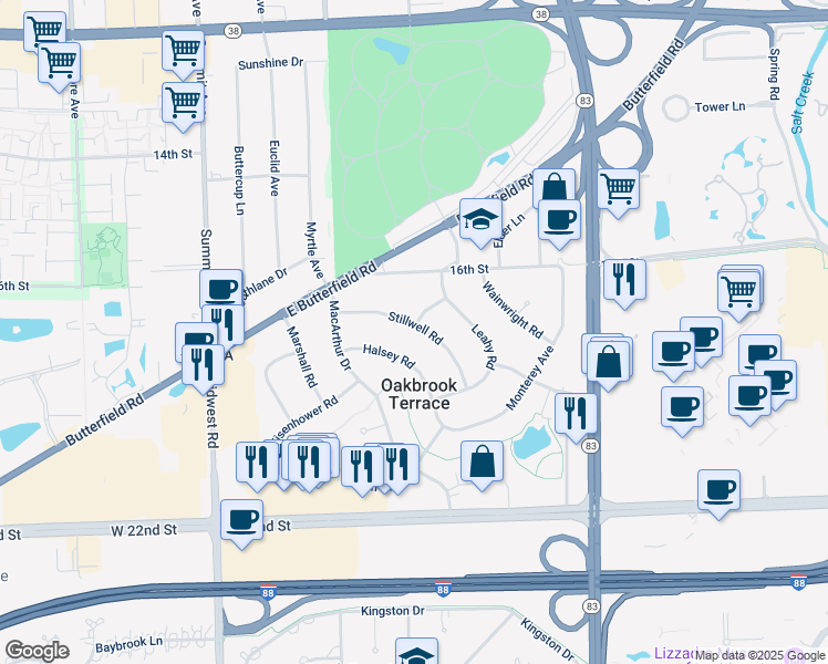 map of restaurants, bars, coffee shops, grocery stores, and more near 17W269 Stillwell Road in Oakbrook Terrace