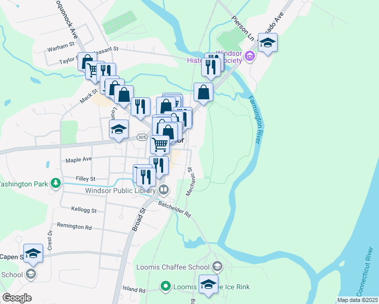 map of restaurants, bars, coffee shops, grocery stores, and more near 40 Central Street in Windsor