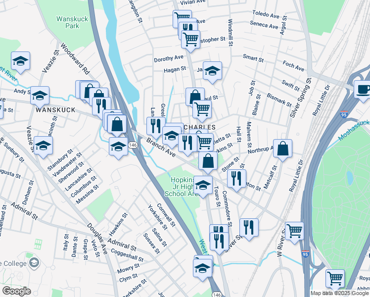 map of restaurants, bars, coffee shops, grocery stores, and more near 19 Monticello Street in Providence
