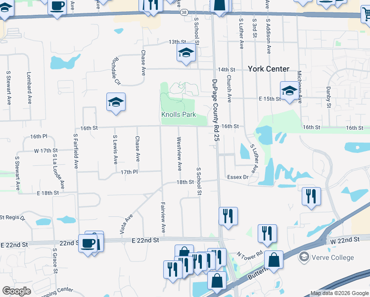 map of restaurants, bars, coffee shops, grocery stores, and more near 1S480 South School Street in Lombard