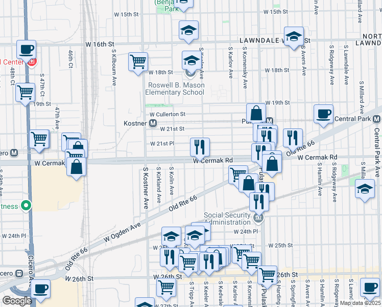 map of restaurants, bars, coffee shops, grocery stores, and more near 4226 West Cermak Road in Chicago