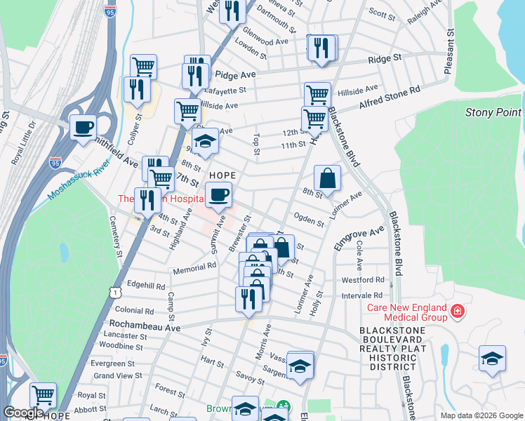 map of restaurants, bars, coffee shops, grocery stores, and more near 9 Overhill Road in Providence