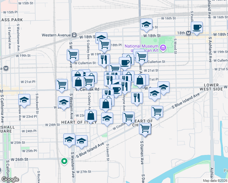 map of restaurants, bars, coffee shops, grocery stores, and more near 2130 West 22nd Place in Chicago