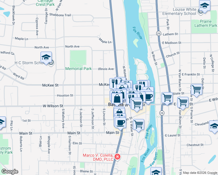 map of restaurants, bars, coffee shops, grocery stores, and more near 349 Houston Street in Batavia