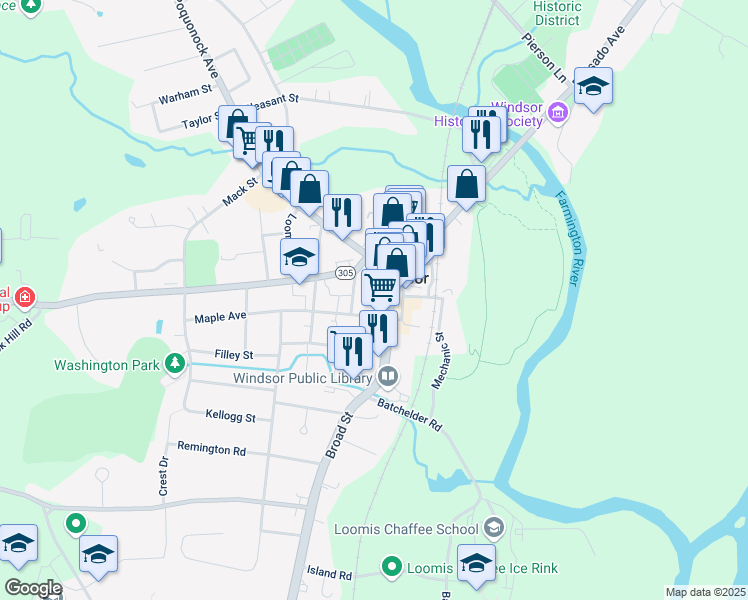 map of restaurants, bars, coffee shops, grocery stores, and more near 14 Maple Avenue in Windsor