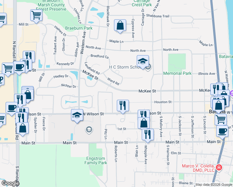 map of restaurants, bars, coffee shops, grocery stores, and more near 36W283 McKee Street in Batavia