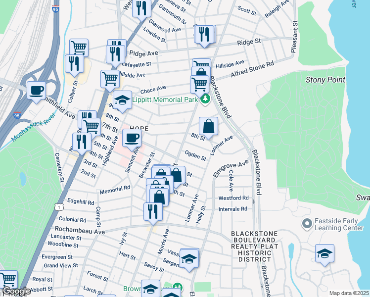 map of restaurants, bars, coffee shops, grocery stores, and more near 890 Hope Street in Providence