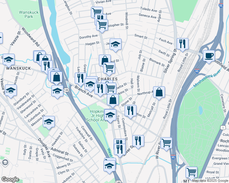 map of restaurants, bars, coffee shops, grocery stores, and more near 306 Hawkins Street in Providence