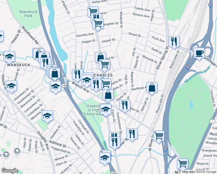 map of restaurants, bars, coffee shops, grocery stores, and more near 306 Hawkins Street in Providence