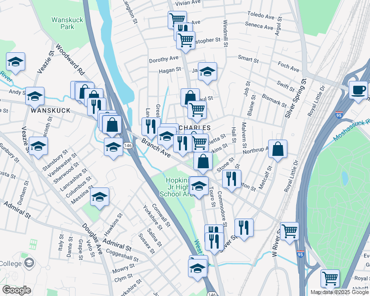 map of restaurants, bars, coffee shops, grocery stores, and more near 2 Russo Street in Providence