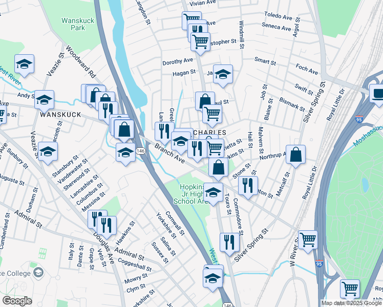 map of restaurants, bars, coffee shops, grocery stores, and more near 521 Branch Avenue in Providence