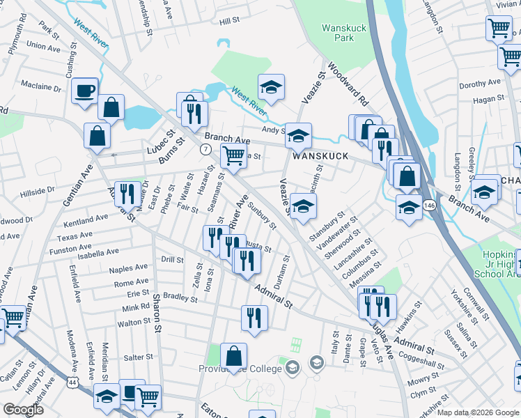 map of restaurants, bars, coffee shops, grocery stores, and more near 139 Sunbury Street in Providence