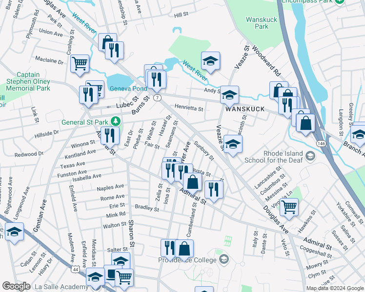 map of restaurants, bars, coffee shops, grocery stores, and more near 27 Crandall Street in Providence