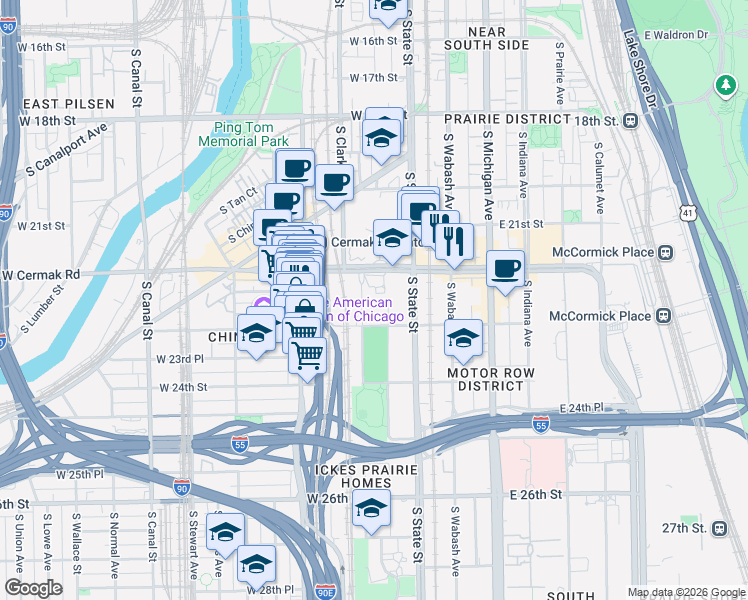 map of restaurants, bars, coffee shops, grocery stores, and more near 2200-2298 S Dearborn St in Chicago