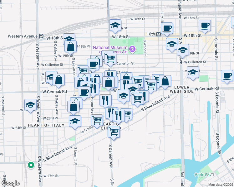 map of restaurants, bars, coffee shops, grocery stores, and more near 1940 West 22nd Place in Chicago
