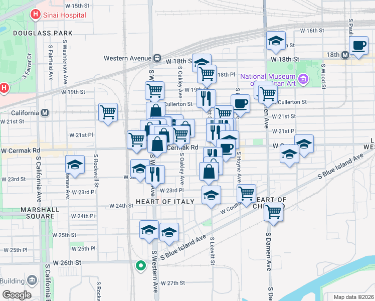 map of restaurants, bars, coffee shops, grocery stores, and more near 2214 South Bell Avenue in Chicago