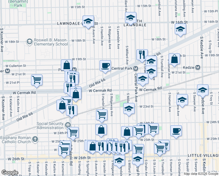 map of restaurants, bars, coffee shops, grocery stores, and more near 2205 South Ridgeway Avenue in Chicago