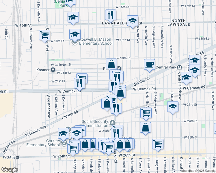map of restaurants, bars, coffee shops, grocery stores, and more near 4029 West Cermak Road in Chicago