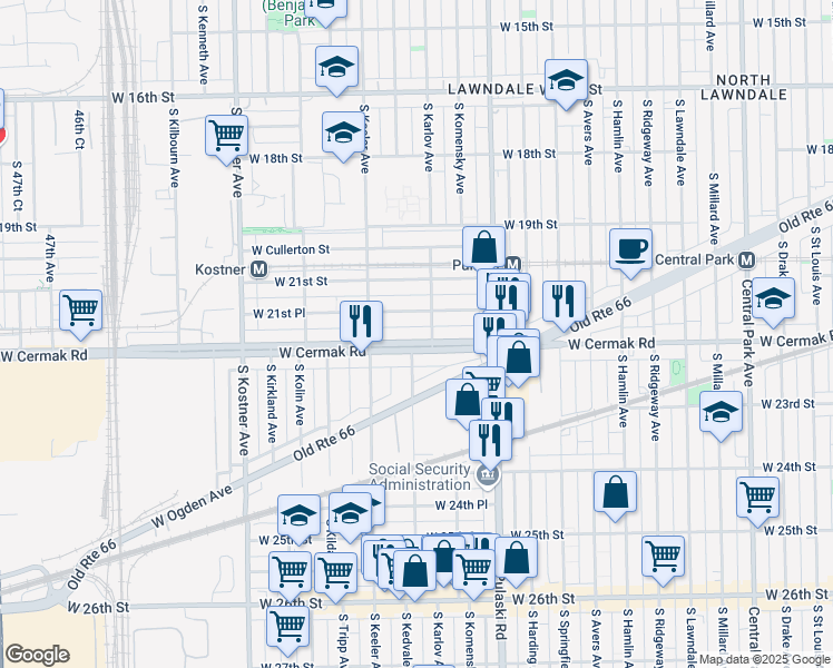 map of restaurants, bars, coffee shops, grocery stores, and more near 4103 West Cermak Road in Chicago