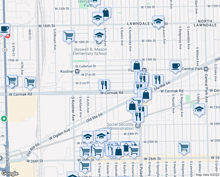 map of restaurants, bars, coffee shops, grocery stores, and more near 4141 West Cermak Road in Chicago