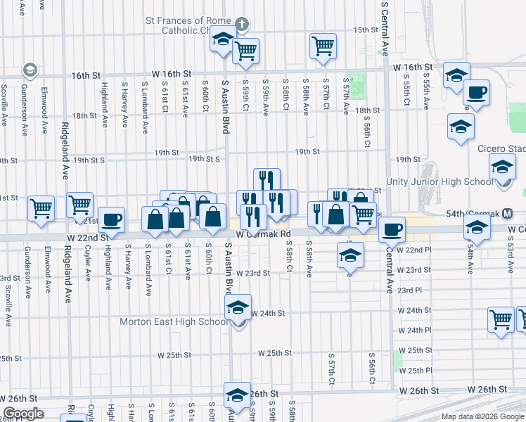 map of restaurants, bars, coffee shops, grocery stores, and more near 2129 South 59th Avenue in Cicero