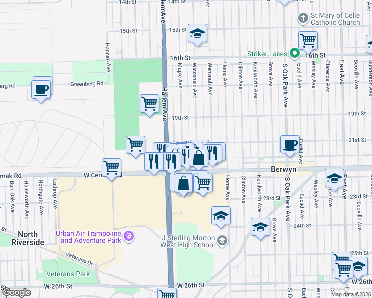 map of restaurants, bars, coffee shops, grocery stores, and more near 2120 Maple Avenue in Berwyn