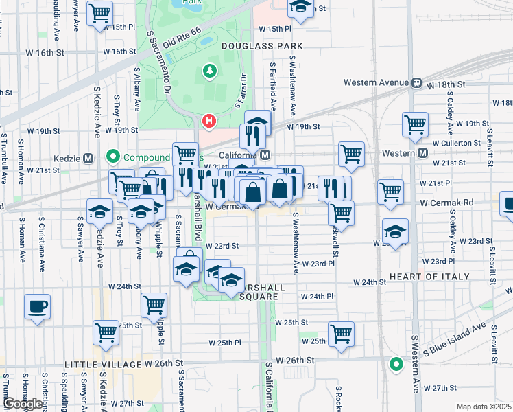 map of restaurants, bars, coffee shops, grocery stores, and more near S California Ave & W Cermak Rd in Chicago