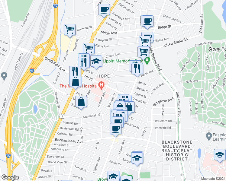 map of restaurants, bars, coffee shops, grocery stores, and more near 101 7th Street in Providence