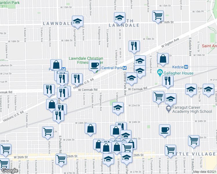 map of restaurants, bars, coffee shops, grocery stores, and more near 2158 South Lawndale Avenue in Chicago